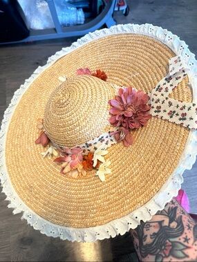 Straw Sun Hat with Pink Floral Trim and Ribbon